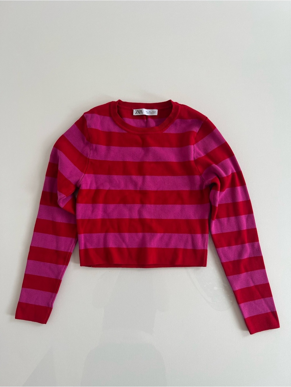 Zara Red and Pink Striped Cropped Crewneck Sweater